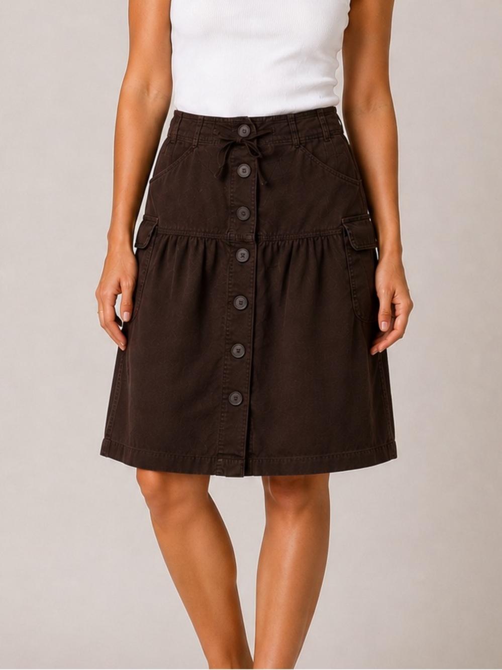 LOFT Utility Cargo Skirt Brown Cotton Button Front Drawstring Pockets Sz 4